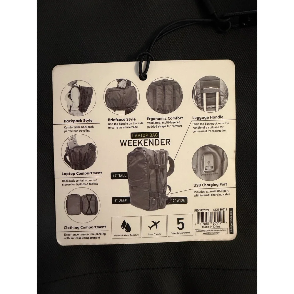Primo Weekender Laptop Bag Black Travel Backpack USB Port Water Resistant NEW